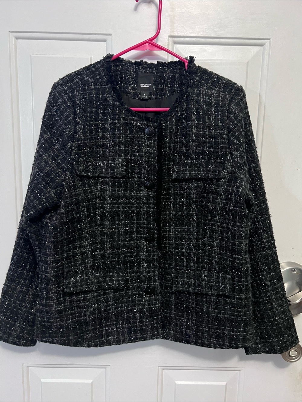 Simply Vera Vera Wang Women’s Large Black Tweed Jacket Fully Lined 4 Pocket